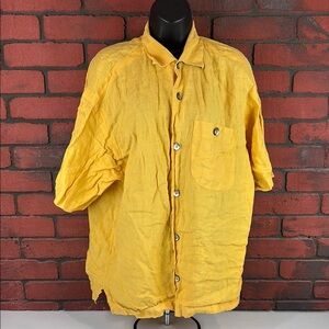 Signum Women's Small Yellow Linen Button-Down Shirt –‎ Short Sleeve, Classic Fit